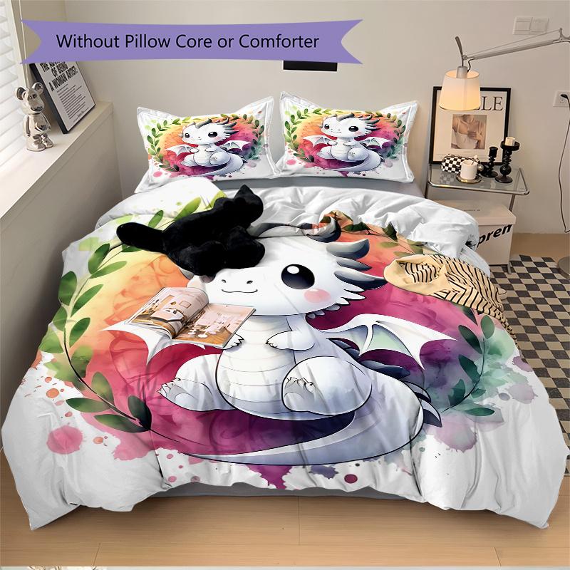 3pcs Adorable White Dragon Cartoon Printed Quilt Set - Includes 1 Quilt Cover and