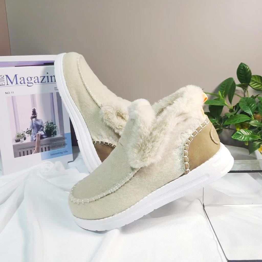 Women's Cross-Border Autumn/Winter Flat Shoes with Plush Fur Trim and Velvet Lining