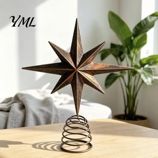 Sturdy Spiral Spring Base Distressed Metal Eight-pointed Star Christmas Tree Topper with Stable Unique Top Ornament Base, Vintage for Holiday