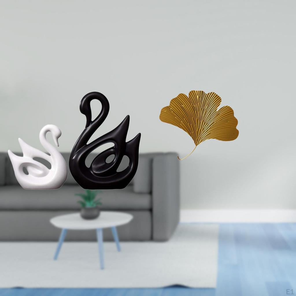 Porcelain Swan Ginkgo Leaves Figurines Sculpture Elegant Animal Collectible Wall Mounted Abstract