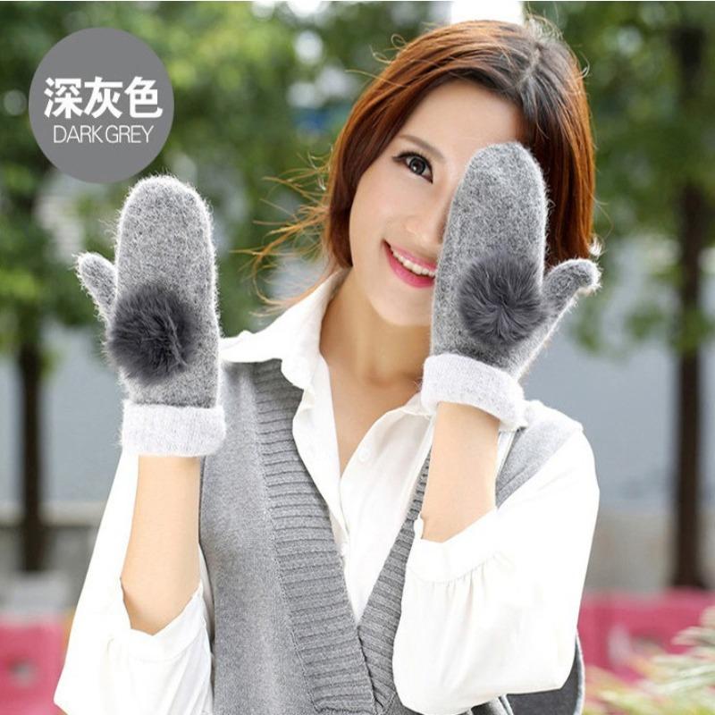 Autumn and winter gloves, wool women, super thick warm rabbit hairball double-layer thickened knit gloves