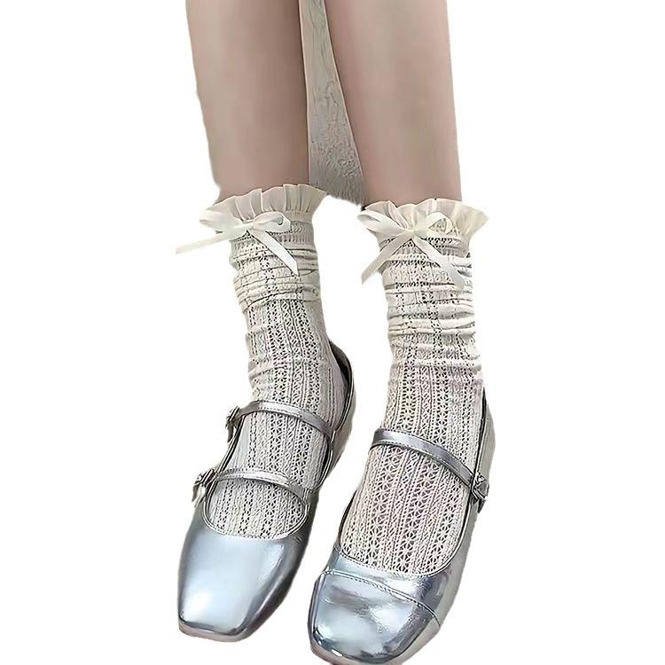 Women's French Lace Bow Socks - Breathable, Thin Spring/Summer Lolita Calf Stockings