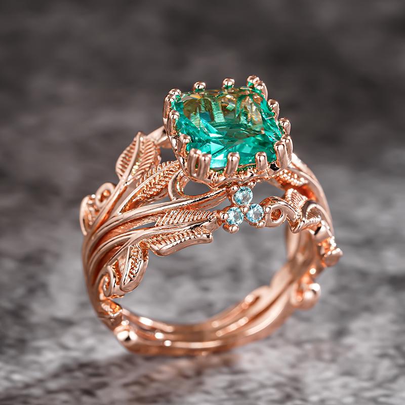 Huitan Crown Design Women Ring Inlaid Shiny Green CZ Elegant Wedding Engagement Accessories Rose Gold Color Jewelry