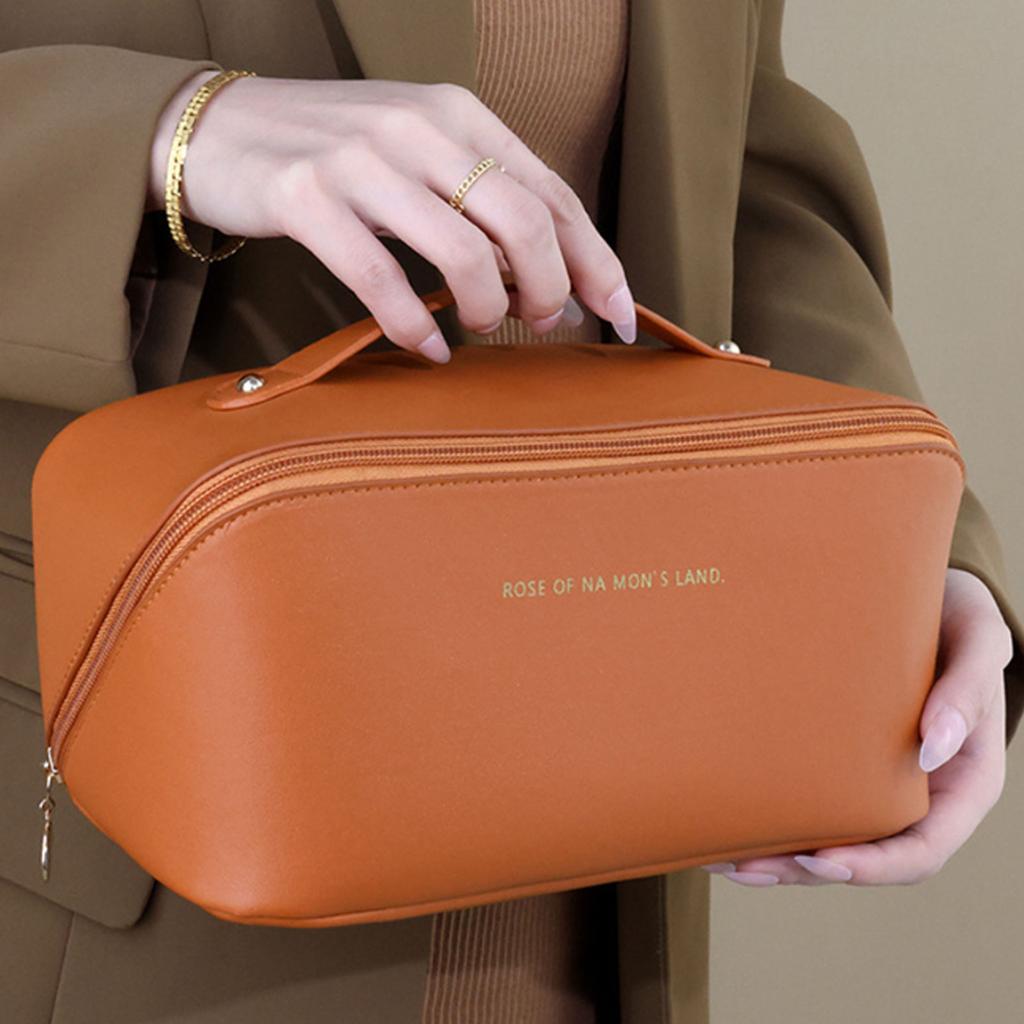 Reise Make-up Tasche Tragbar Wasserdicht PU Leder Kulturbeutel Hohe Kapazität Kosmetik Aufbewahrungstasche mit Griff Braun