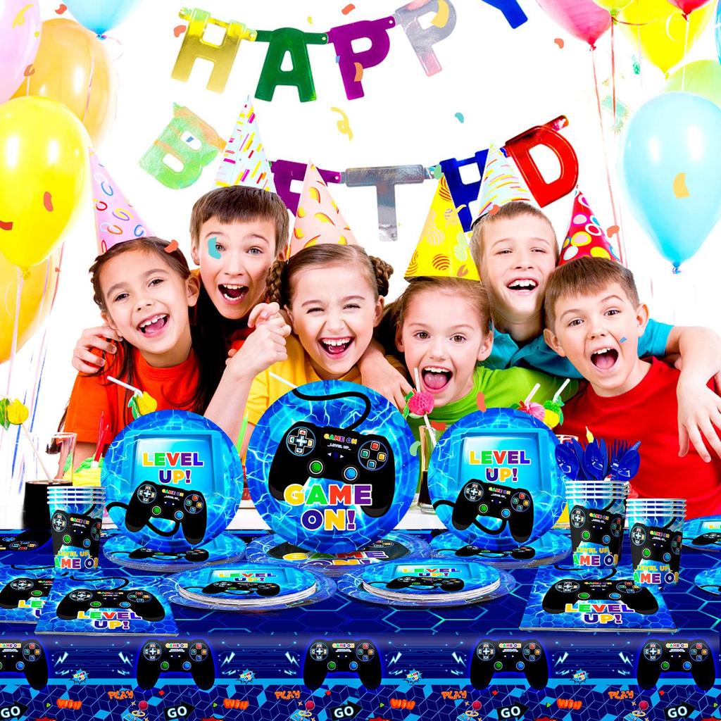 113pcs Gamer Birthday Decorations, Gaming Party Tableware Set - Game Themed Party Plate Cups Napkins Tablecloth etc