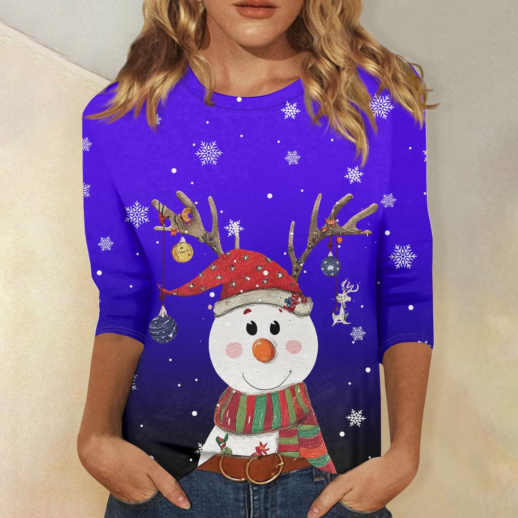 3/4-Ärmel-Shirts für Damen Druck Weihnachts-T-Shirts Blusen Lässig Übergröße Basic-Oberteile Pullover
