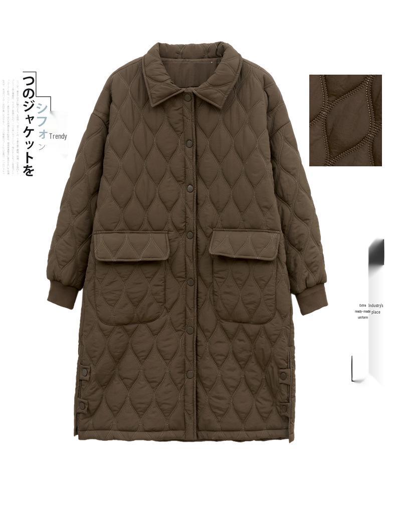 Women's Retro Argyle Cotton Mid-Length Winter Coat - Loose Casual Lapel Jacket