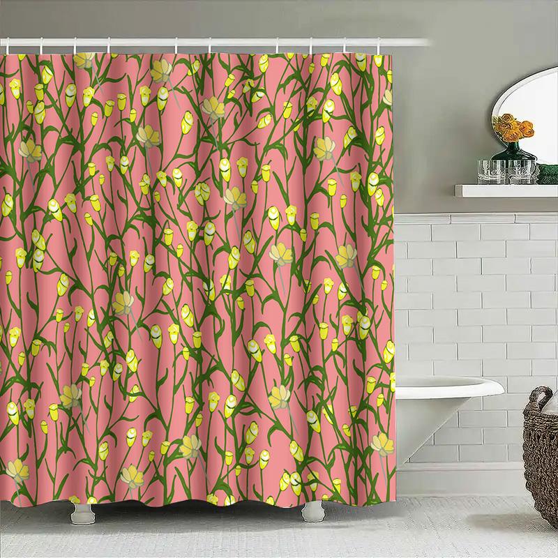 Pink Floral Shower Curtain With Yellow Flowers Bathroom Decor For Girls, Waterproof Shower Curtains, Modern Design Home Accessor
