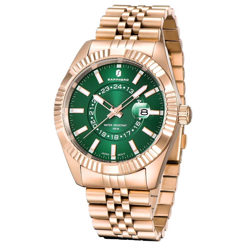 water resistant to 10 Japanese analog date golden gold green Men's watch, ATM, movement, watch, simple, gift, men's, business, display, quartz,