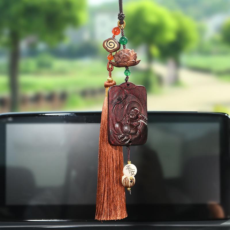Rosewood & Peach Wood Car Pendant with Buddha/Guanyin Plaque - High-End Tassel Car Decoration