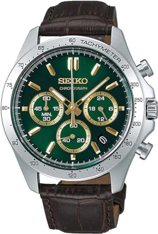 SEIKO 1/5 Second Chronograph Quartz Wristwatch Men SBTR017 Green Brown Leather