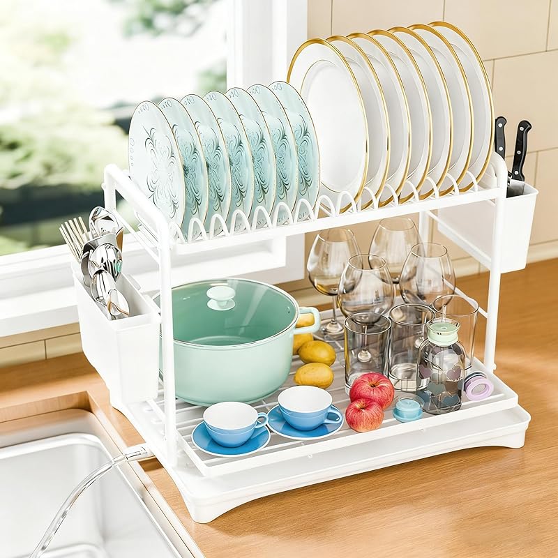 Simple Trending Small Dish Drying Rack, Compact Expandable Dish Rack with Cutlery Holder, Sink Dish Drainer for Kitchen Countertop, Black