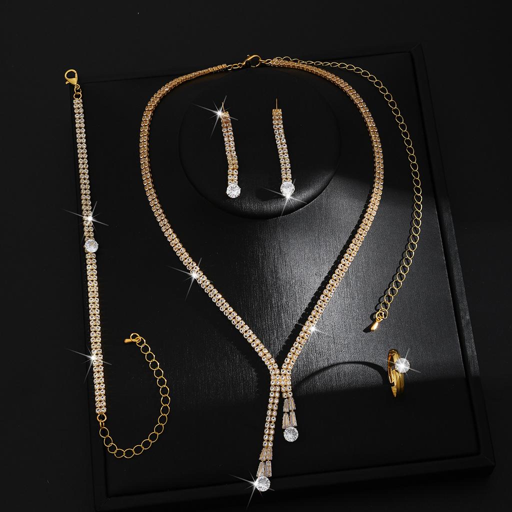 2026 Four-piece Set of Simple Collarbone Chain Exquisite Claw Chain Round Zircon Crystal Earrings Necklace Bracelet Ring