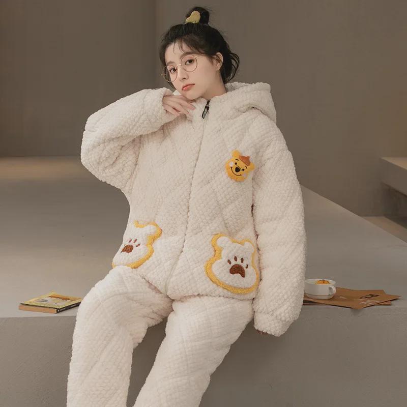 Women's Winter Pajama Set - Three-Layer Quilted, Thick Velvety Coral Fleece, Warm & Cute Bear Design