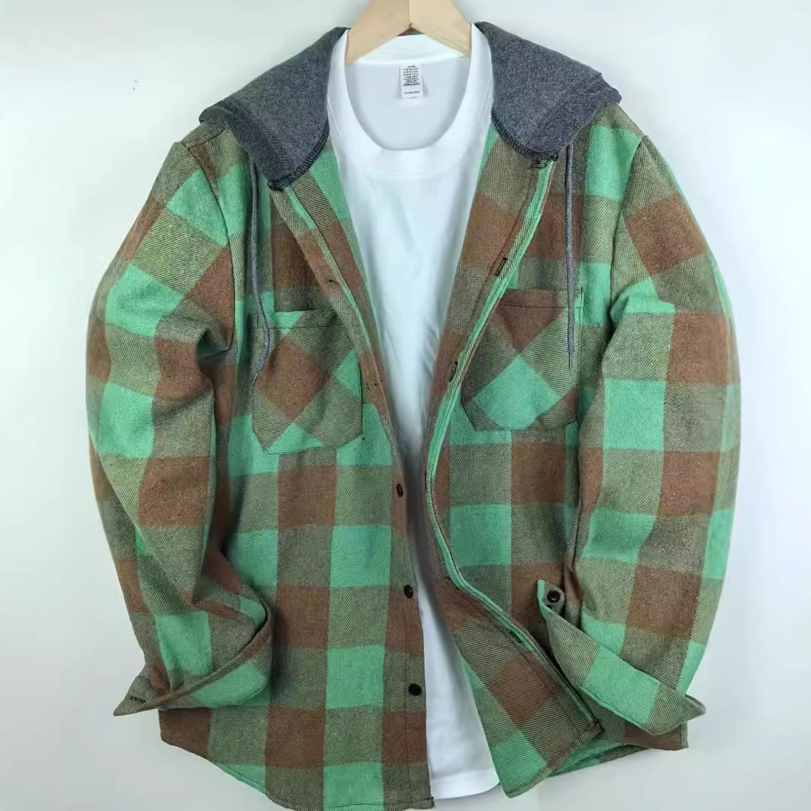 

Мужской полосатый клетчатый повседневный свободный кардиган-рубашка с капюшоном на пуговицах с лацканами и длинными рукавами L зелёный