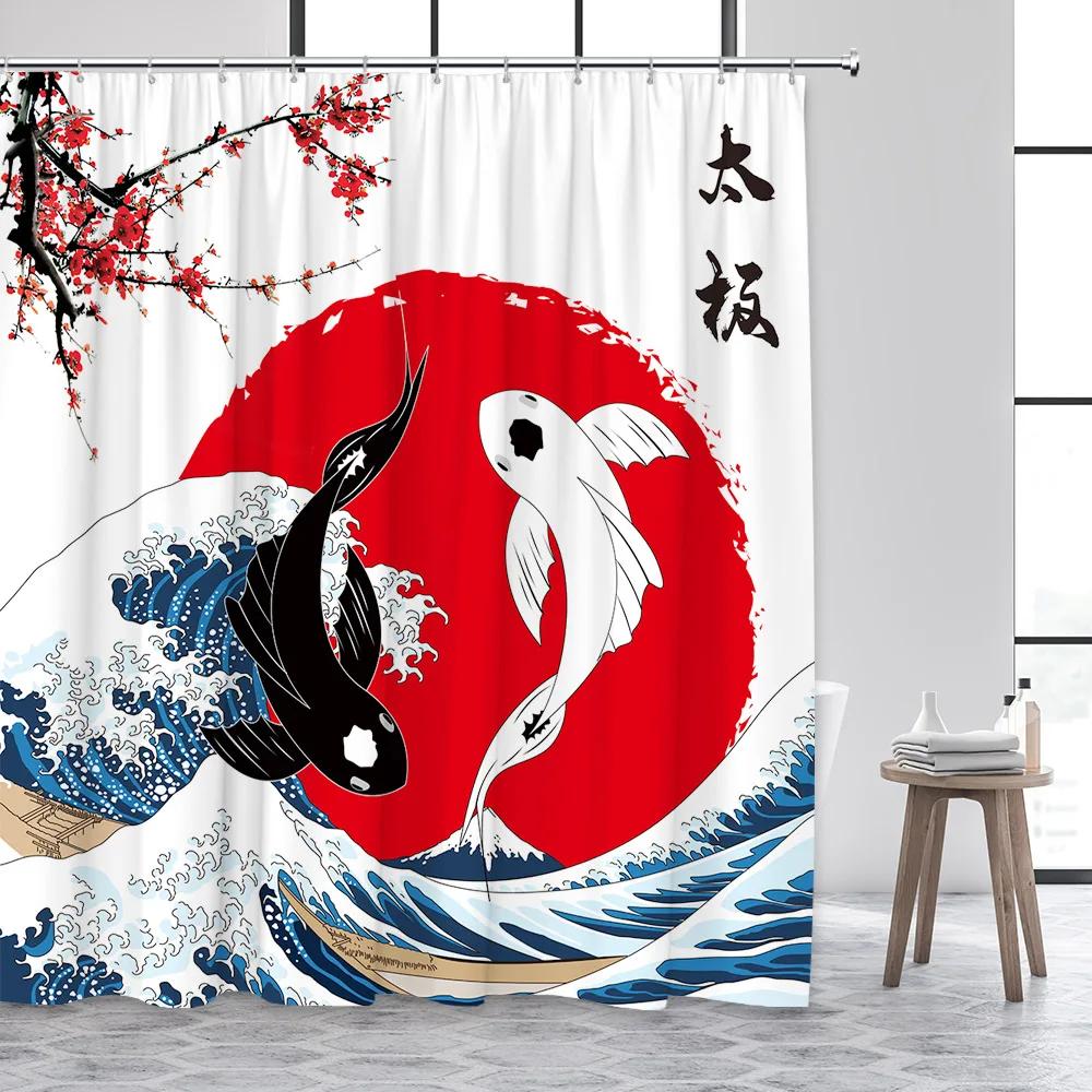 Japanese Style Shower Curtain Octopus Koi Fish Sea Waves Cherry Blossom Abstract Mountain Ink Art Curtains Fabric Bathroom Decor