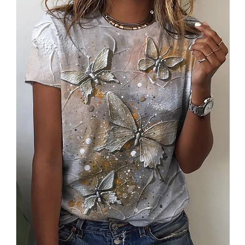 Women Summer T Shirt Trend Butterfly Print Retro Fashion Short Sleeve Tees Casual   Printed  Tops