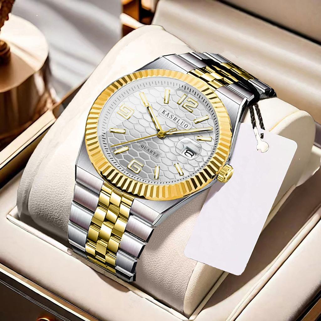 Men'S Watch Stainless Steel Waterproof Non-Mechanical Luminous Calendar Fashion Steel Belt Quartz Watch