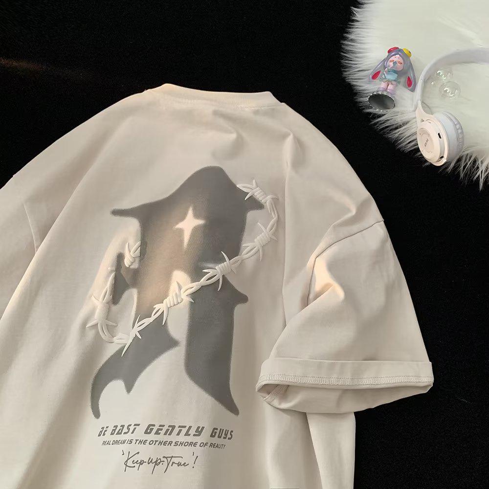 

Мужская летняя футболка 2023 года с модным американским принтом, круглым вырезом и короткими рукавами M бежевый