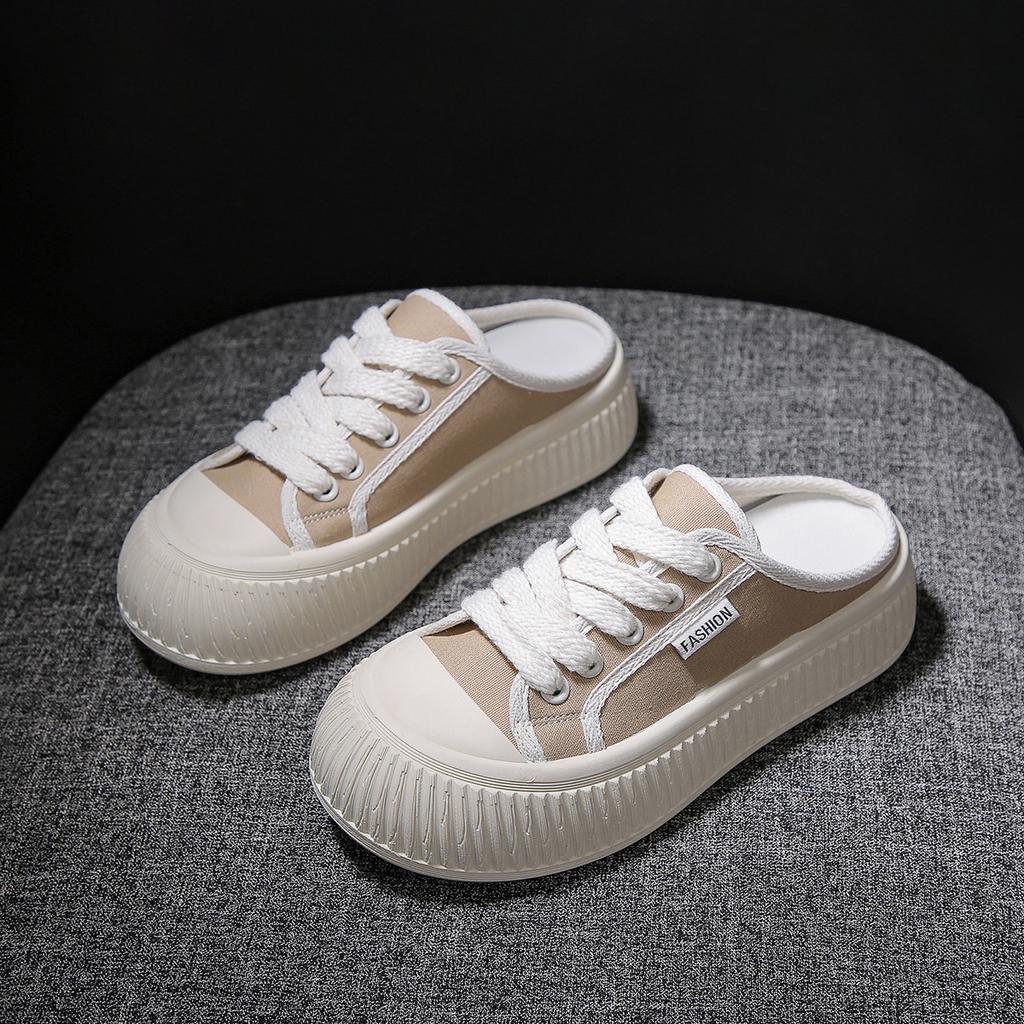 Half Dragged White Shoes for Women Breathable and Casual Canvas Shoes
