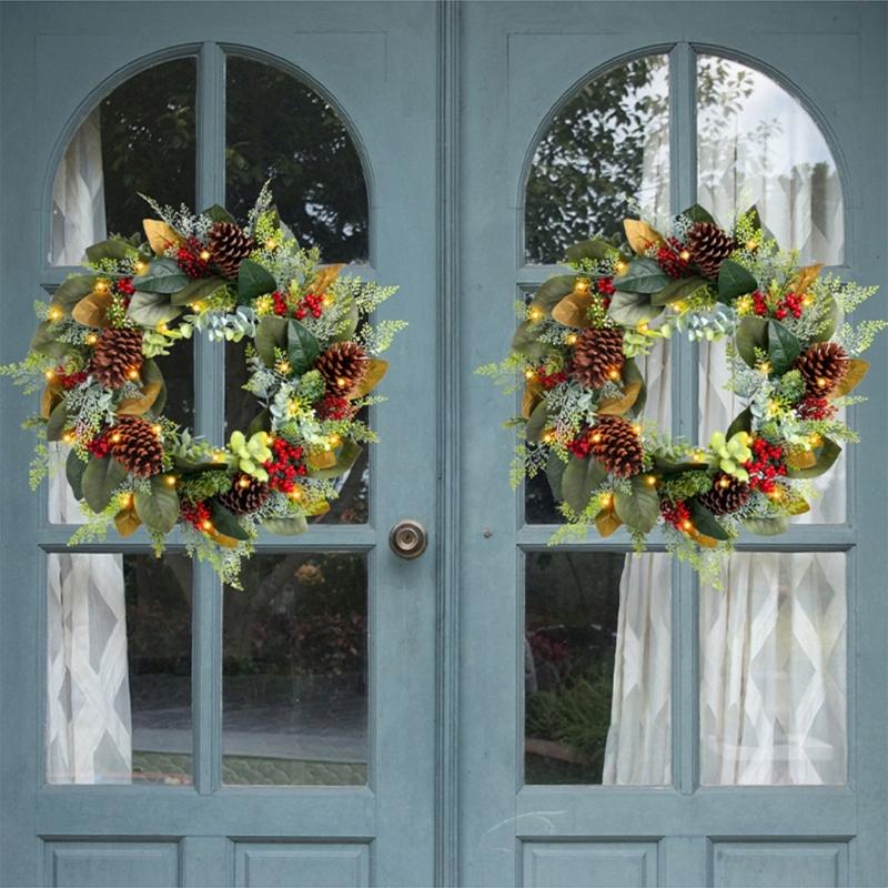 Artificial Wreath LED Light up Christmas Wreath with Pinecone for Front Door Window Yard Garden Christmas Decorations