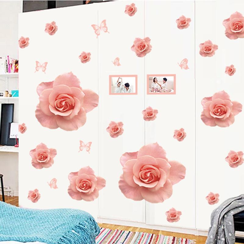 Pink Flowers Self Adhesive Wall Sticker Romantic Wedding Room Decor for Living Room Bedroom TV Background Home Decoration