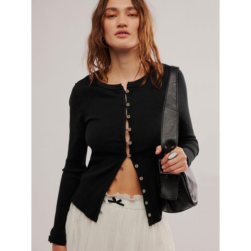 Fashion Hot Selling Women's Long Sleeve Round Neck Button Ribbed Solid Color Autumn and Winter Warm Cardigan Jacket for Women