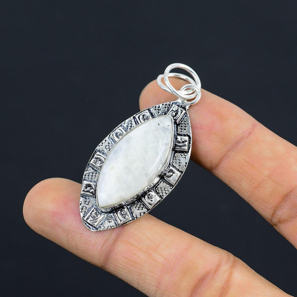 Daughters Day Deal 925 Silver Natural Rainbow Moonstone Birthday Bezel Pendant