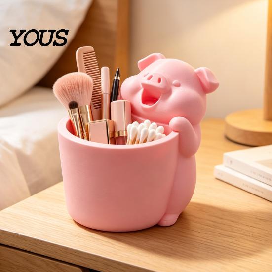 Makeup Brush Cup for Vanity 3D Printed Cute Piggy Storage Pot, Cartoon Pig Shaped Pen Holder, Desktop Clutter Organizer Organizer, Multifunctional
