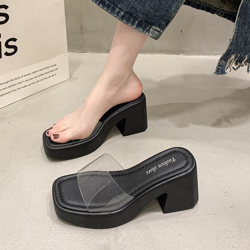 French high heel with skirt fairy style one-word slippers women's outer wear 2025 summer new transparent with thick heel sandals
