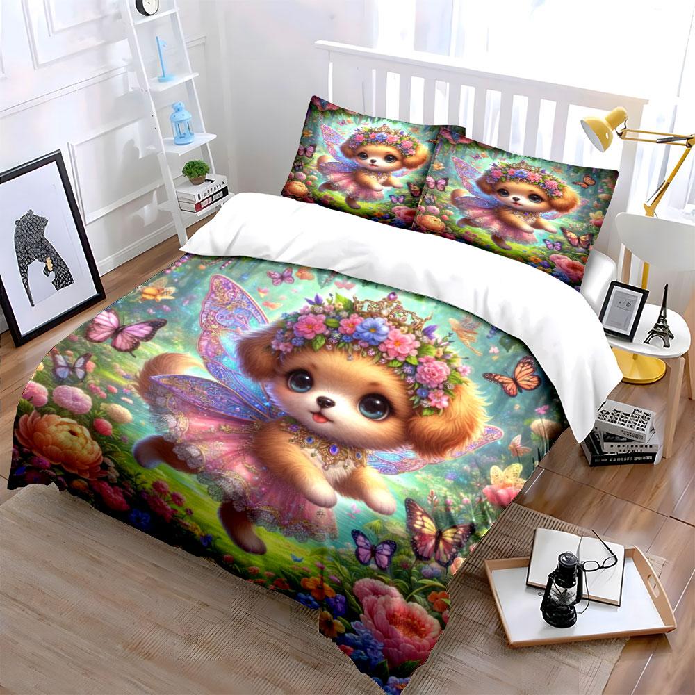 Fairy Dog Amidst Butterflies And Blooms Printed Duvet Cover Set1 Duvet Cover+2 Pillowcasemulti Size Bedroom Bedding Decor