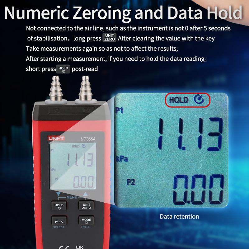 UNI-T UT366A Manometer Digital Surface Pressure Difference Measurement Wind Speed Air Pressure Differential Pressure Gauge Meter