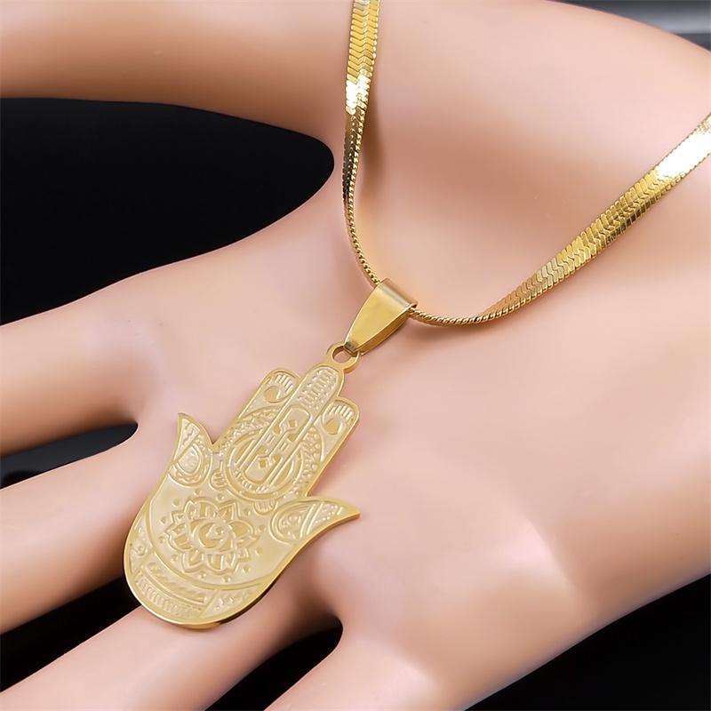 Fatima Dłoń Hamsa Egipskie Oko Wisiorek Naszyjnik dla Kobiet Mężczyzn Stal Nierdzewna Złoty Kolor Lotosowe Naszyjniki Biżuteria collier N2971S2