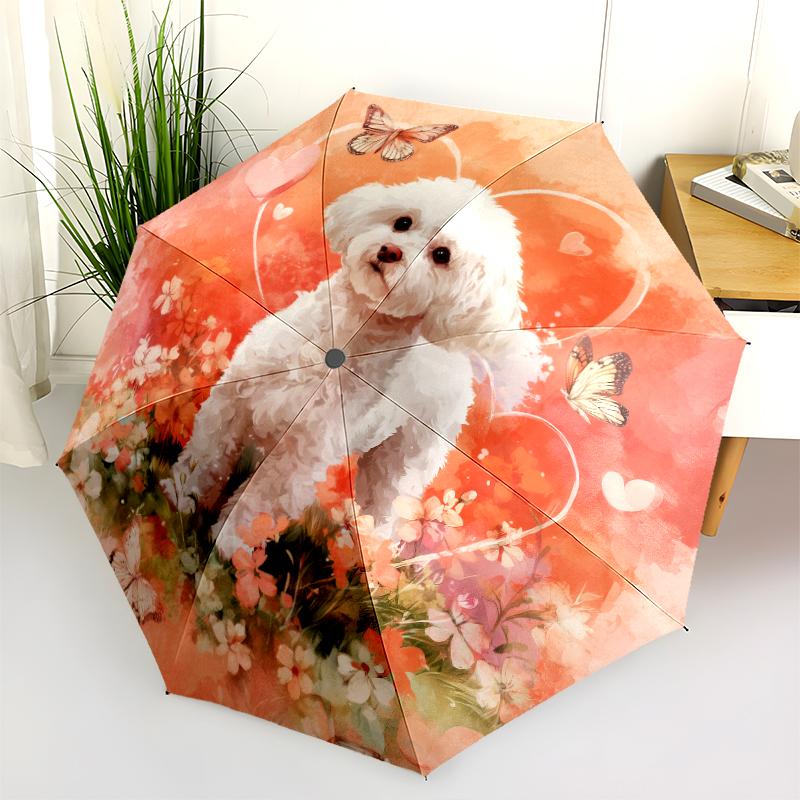 Pink Bichon pattern, automatic folding umbrella, portable and foldable design, 8 ribs, a Christmas or birthday gift.