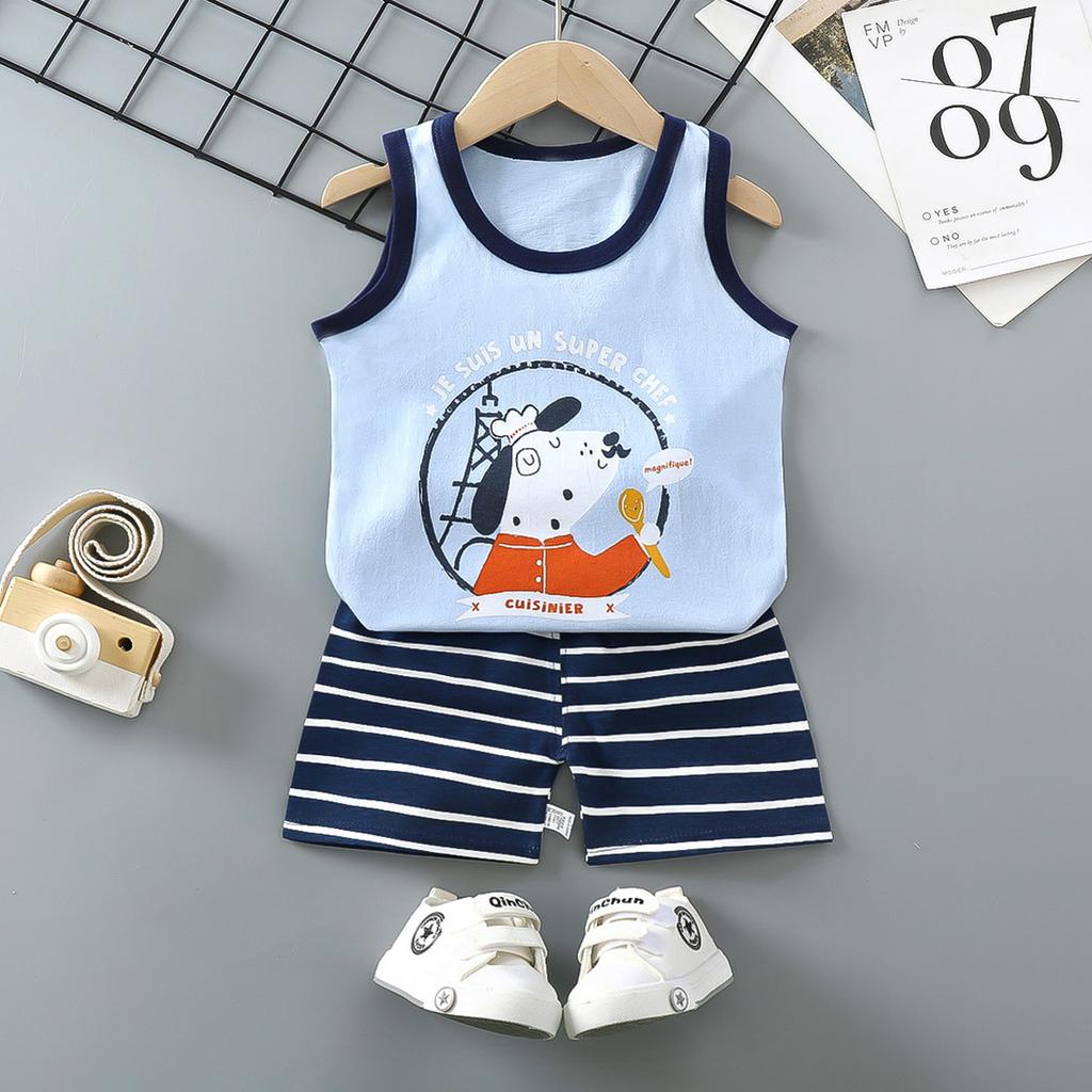 Summer Kids Non Sleeve O Neck Vest Pants Set Casual Baggy 2pcs Suit Cotton Cartoon Printes Outfit
