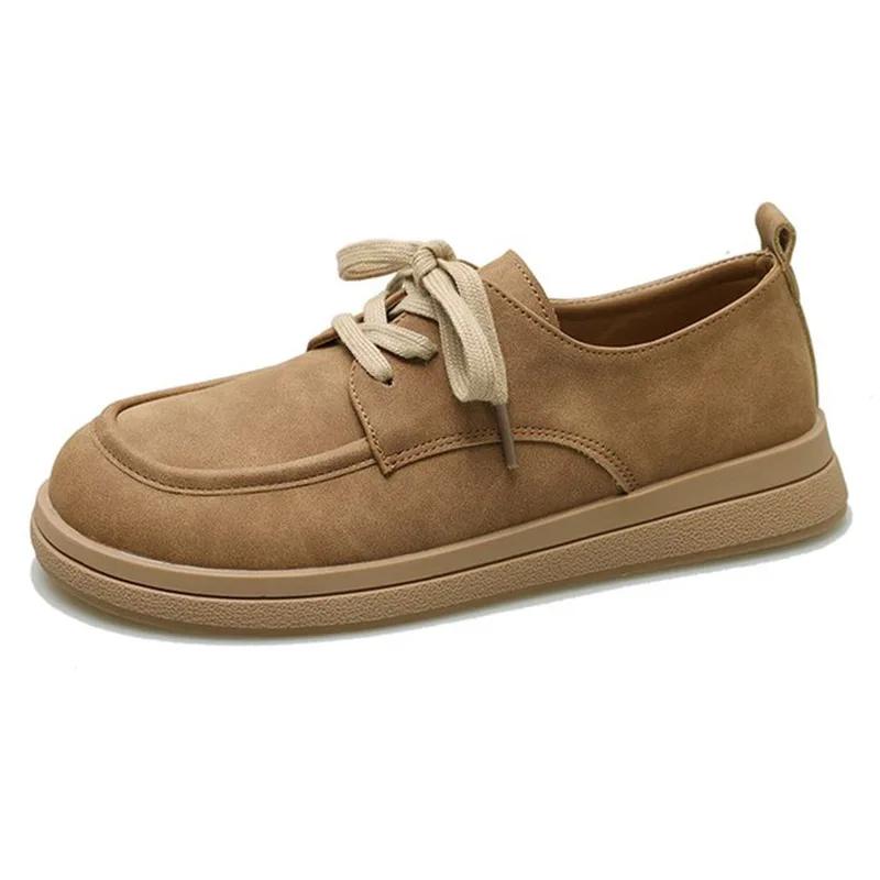Autumn Women's Flats Shoes Soft Sole Lace-up Casual Shoes Retro Brown Loafers Spring Soft Microfiber Leather Platform Thin Shoes