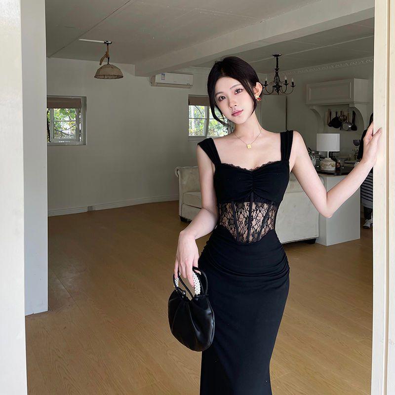 Black French lace fishbone splicing high-end hip skirt slim and thin temperament dress sleeveless suspender skirt women S чёрный