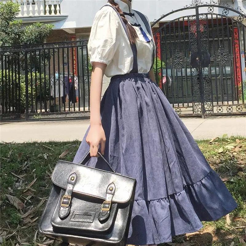 WTEMPO Girl's Sweet Preppy Style Strap Long Skirts Ruffles Loose Cute Student Casual Skirts Female Suspender Skirts