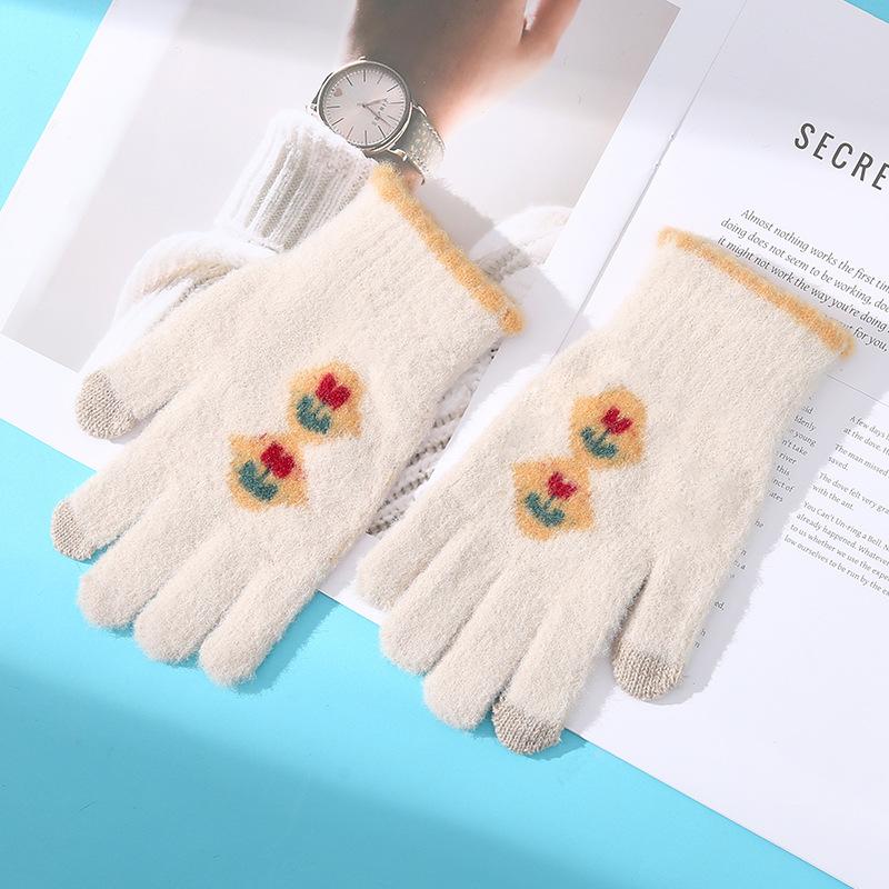 Korean Version of Women's Warm Gloves for Autumn and Winter Cold Proof Thickened Knitted Yarn Flowers Tulips Riding Touch Screen Finger