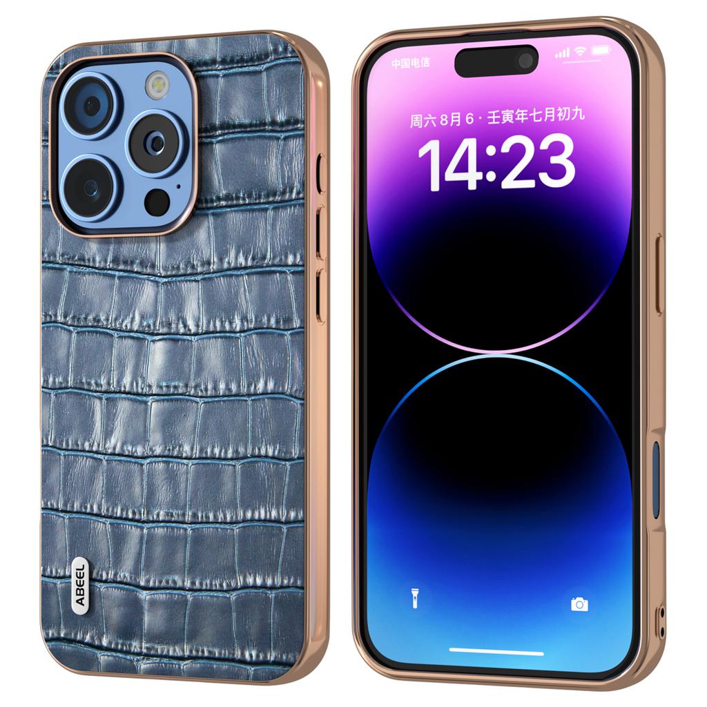 ABEEL For iPhone 16 Pro Case Electroplating Phone Cover Crocodile Texture Genuine Cow Leather+TPU Protective Case