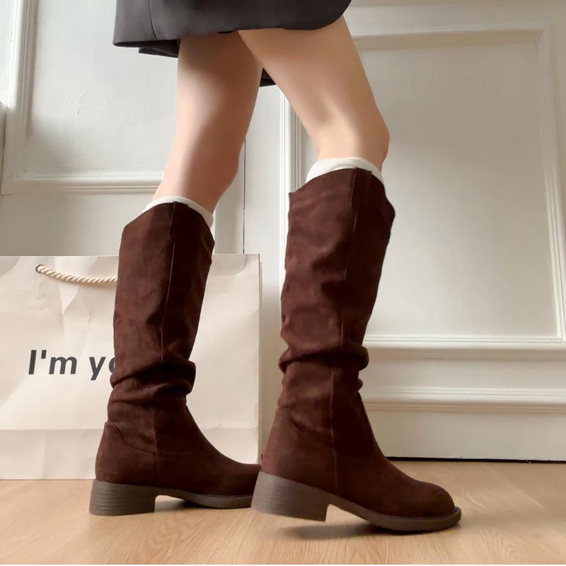 Thick heel retro high boots knight boots women's shoes 2025 new autumn and winter stacking boots pleated Martin boots fashion boots