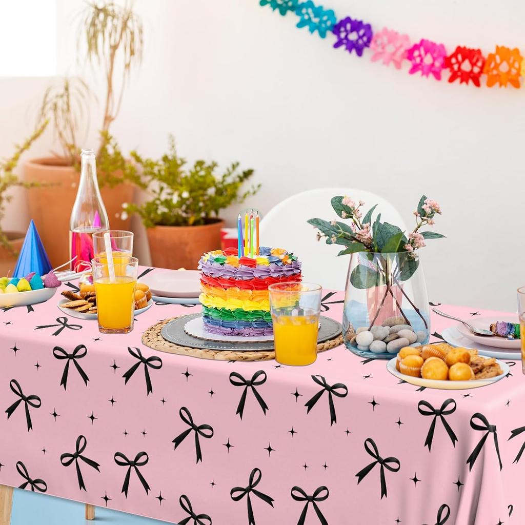 3Pcs Pink Bow Tablecloth,Black Bow Table Decor,Coquette Birthday Decorations Black,Disposable Waterproof Party Supplies for Girls Baby Shower,Bridal