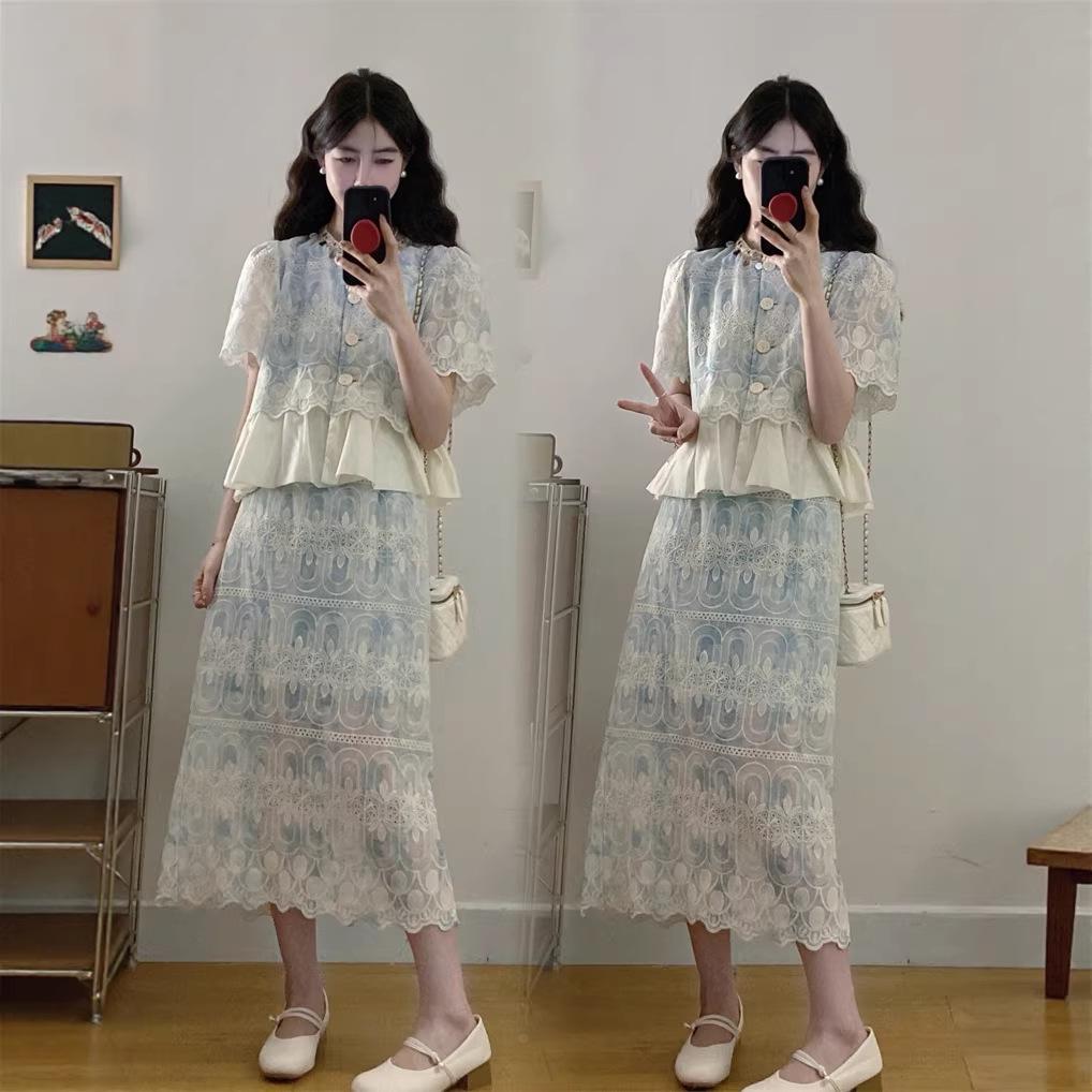 

Flattering Slimming Plus Size Lace Embroidered Skirt Set for Women - 2026 Summer Two-Piece Age-Defying Outfit 4XL