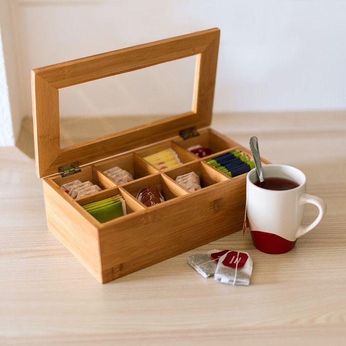 Relaxdays Boîte À Thé En Bambou 8 Compartiments Coffret Sachets Thé Vrac 9 X 28 X 16 Cm Fenêtre Transparente, Nature