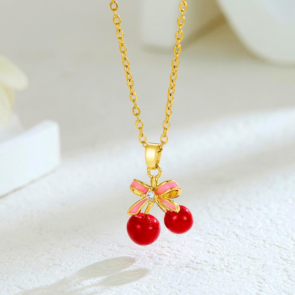 New Sweet and Cute Dripping Oil Strawberry Cherry Titanium Steel Necklace Female Simple Versatile Fruit Series Collarbone Chain
