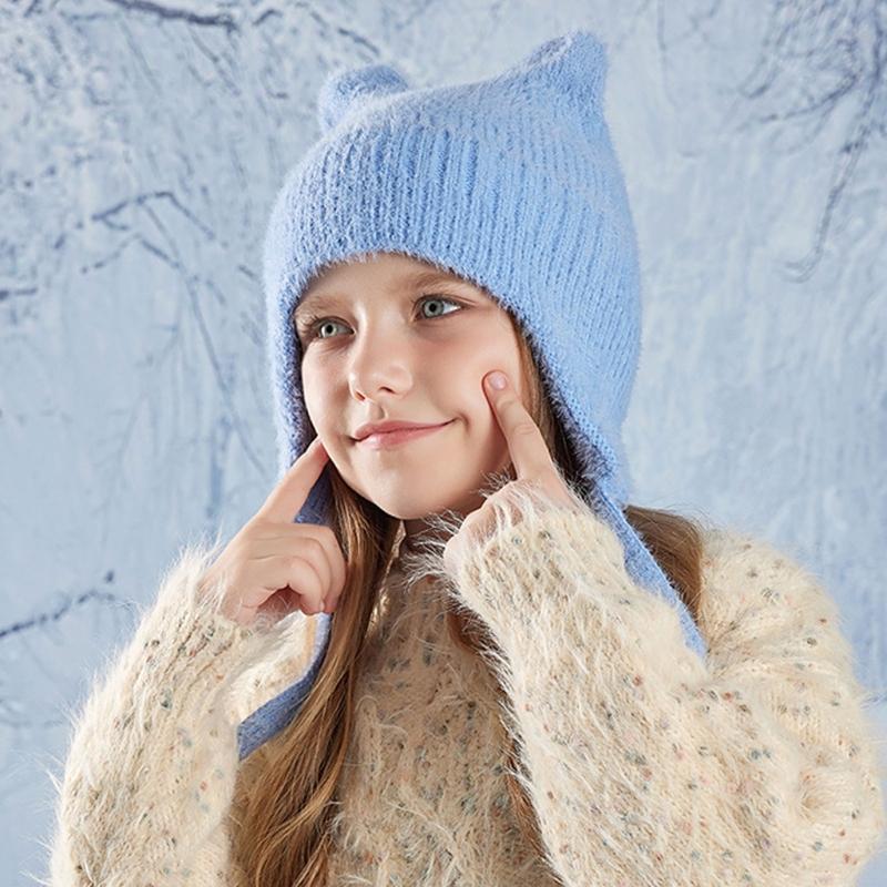 Thickened Knitted Cap Winter Hat For Kids With Thermal Ear Protection Cold Weather Windproof Design Polyester