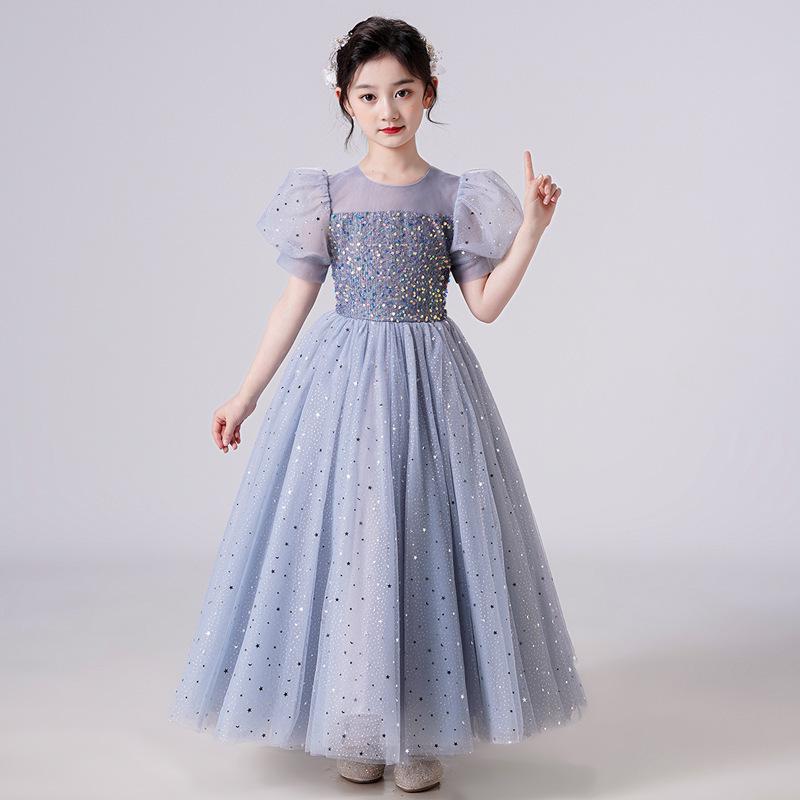 Girls' Sequin Puff Sleeve Princess Dress - Long Mesh Flower Girl Wedding Summer Formal Attire