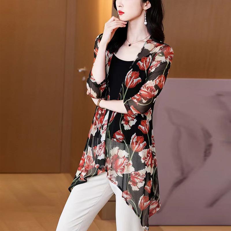 Outer Cardigan Sun Protection Jacket Women's Chiffon Top Mid To Long Summer Casual Vacation Mesh Thin Jacket Women's