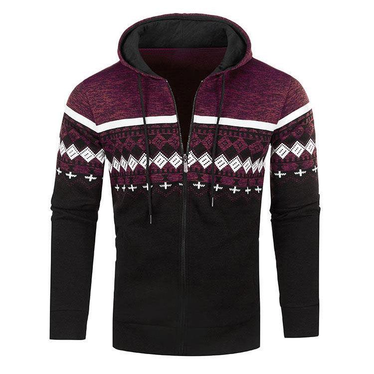 Men's Ethnic Style Hooded Knit Cardigan: Casual, Loose, Slim-Fit, Thin Fleece Sweater with Printed Design