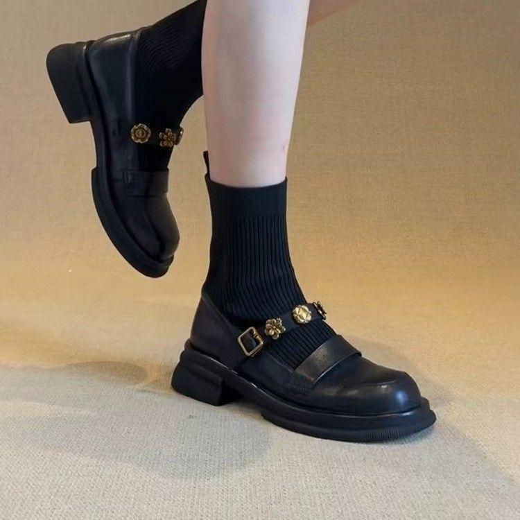 2025 Women's Retro Preppy Knitted Ankle Boots - Slimming, Versatile Loafer Sock Boots in British Style Leather